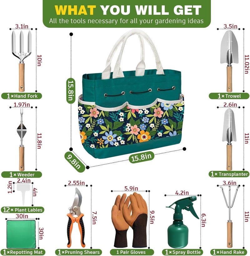 OUREST 22Pcs Gardening Tools Set for Women Heavy Duty Garden Hand Tools Kit Organizer Gifts for Mom Beginner Gardener Gardening Accessories with Tote Bag/Shovels/Repotting Mat/Plant Labels/Gloves-Dark Green - Image 2